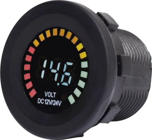 Voltmeter with capacity graph suitable for 12V or 24V battery systems. Designed to fit P0679-81, but can also be used standalone. 29mm mounting hole. 52 mm thread length. 5-30V input.