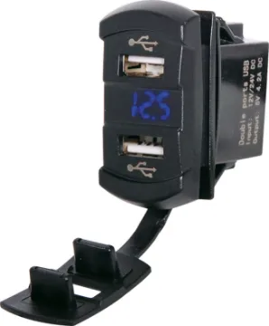Switch Style Panel Mount 4.2A Dual USB Charger Connects directly to 12-24V with 6.3mm spade terminals. Fitted with rubber cap to prevent ingress. 4.2A DC max current (shared between ports). 6.3mm spade lug connection. Voltage display flashes if battery level drops too low. Panel cutout 21.5 x 36.5