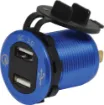 Offers QuickCharge 3.0 compatibility from both ports. Stylish blue aluminium finish with central LED volt meter. 29mm mounting hole. 30mm thread length. 