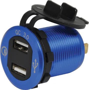 QC3.0 4.2A Dual USB Panel Mount Charging Socket Offers QuickCharge 3.0 compatibility from both ports. Stylish blue aluminium finish with central LED volt meter. 29mm mounting hole. 30mm thread length.