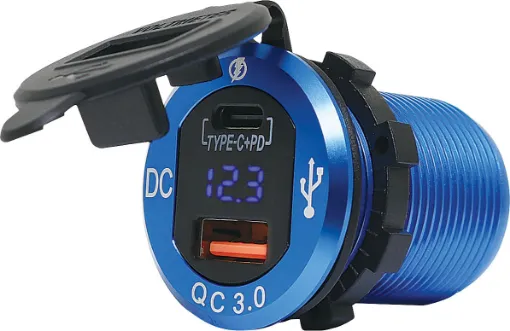 A combination Quick Charge 3.0 and 18W USB C power delivery charger for the car, 4WD or caravan.
