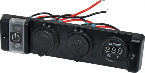 A flush panel mount facia with usb, car accessory and voltmeter with on/off switch