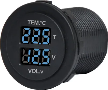 Panel Mount Volt Meter & Thermometer Includes temperature sensor with 2m cable. Measures 6-30V DC. 29mm mounting hole. 19mm thread length. -10°C to 100°C.