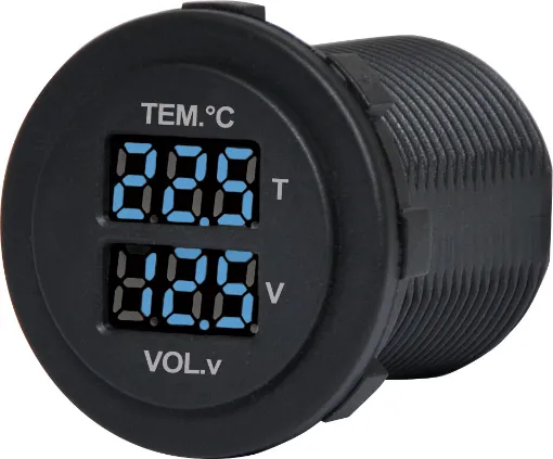 Includes temperature sensor with 2m cable. Measures 6-30V DC. 29mm mounting hole. 19mm thread length. -10°C to 100°C.