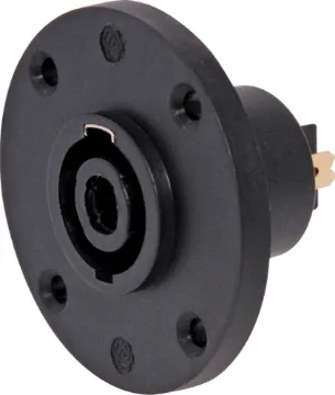 Round Chassis Mount Speaker Connector Socket  Heavy duty 4 pin connectors as used on professional amplifiers and speaker boxes. Handles up to 30A current and both accept up to 8mm cable diameter.