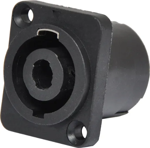 Heavy duty 4 pin connectors as used on professional amplifiers and speaker boxes. Handles up to 30A current. Compact rectangular type for use on amplifier rear panels.