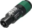 The Neutrik NL4FXX-W-S 4-pole speakON cable connector has a screw terminal assembly and chuck type strain relief for cable diameters 6 to 12 mm.
