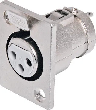 3 Pin Female Chassis Mount XLR Connector These XLR style connectors feature sturdy metal construction, high quality contact inserts and strain relief grommets on the line connectors. The plugs have an internal sleeve which tightens around the cable as the plug is screwed together, securing the c