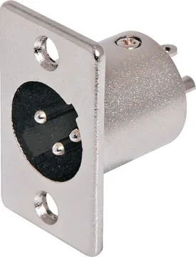 3 Pin Male Chassis Mount XLR Connector These XLR style connectors feature sturdy metal construction, high quality contact inserts and strain relief grommets on the line connectors. The plugs have an internal sleeve which tightens around the cable as the plug is screwed together, securing the c
