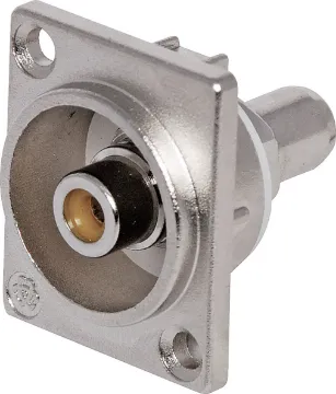 Yellow D Series Chassis RCA Socket RCA socket on both sides of connector. This allows connection to pre-terminated RCA leads. 
Mounting depth 25mm.