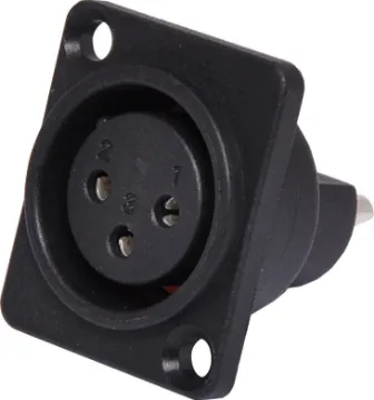 3 Pin IP54 Female Chassis Mount XLR Connector  These XLR style connectors feature sturdy metal construction, high quality contact inserts and strain relief grommets on the line connectors. The plugs have an internal sleeve which tightens around the cable as the plug is screwed together, securing the cable to prevent "pulling out". This improves their service life and reliability.