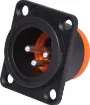 This 3 Pin IP54 Male Chassis Mount XLR Connector features a dust cover to keep dust and dirt from getting in. They are fitted with the standard XLR locking mechanisms, ensuring a reliable contact. The colour of the connector is mostly black with a touch of orange. The construction is sturdy and features high quality contact inserts.