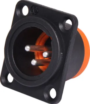 3 Pin IP54 Male Chassis Mount XLR Connector  This 3 Pin IP54 Male Chassis Mount XLR Connector features a dust cover to keep dust and dirt from getting in. They are fitted with the standard XLR locking mechanisms, ensuring a reliable contact. The colour of the connector is mostly black with a touch of orange. The construction is sturdy and features high quality contact inserts.