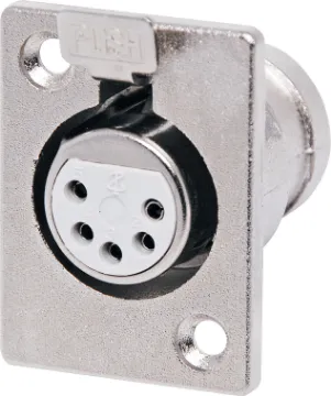 5 Pin Female Chassis Mount XLR Connector These XLR style connectors feature sturdy metal construction, high quality contact inserts and strain relief grommets on the line connectors. The plugs have an internal sleeve which tightens around the cable as the plug is screwed together, securing the c