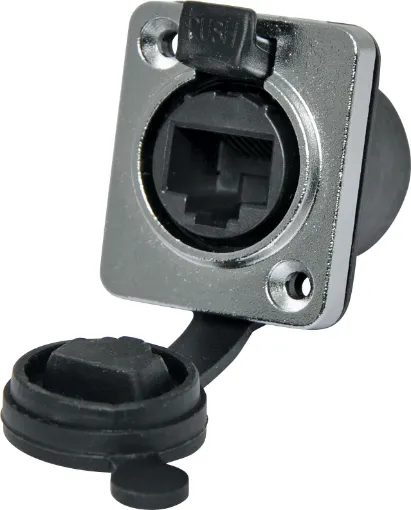 A back to back RJ45 socket for easy termination. Socket locks preventing accidental disconnection. Push tab release. 