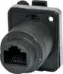 A back to back RJ45 socket for easy termination. Socket locks preventing accidental disconnection. Push tab release. 