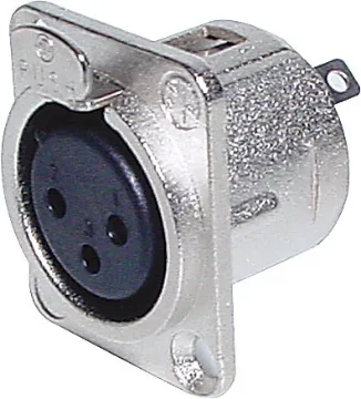 3 Pin Female Chassis Mount XLR NC3FD-L-1 Neutrik 3 Pin Chassis XLR female connector. 
Neutrik connectors are made from rugged diecast aluminium and are designed to be compact yet stand up to the rigours of everyday use. RF shielding via 3 point contact to shell. Fitted with M3 mounting holes.