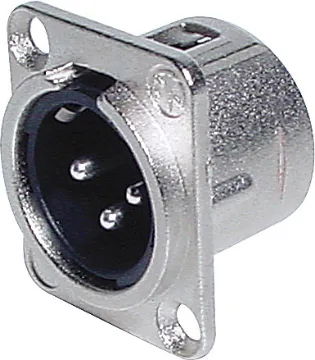 3 Pin Male Chassis Mount XLR NC3MD-L-1 Neutrik 3 Pin Chassis XLR male connector. 
Neutrik connectors are made from rugged diecast aluminium and are designed to be compact yet stand up to the rigours of everyday use. RF shielding via 3 point contact to shell. Fitted with threaded M3 mounting