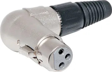 3 Pin Female 90° XLR Line Connector These XLR style connectors feature sturdy metal construction, high quality contact inserts and strain relief grommets on the line connectors. The plugs have an internal sleeve which tightens around the cable as the plug is screwed together, securing the c