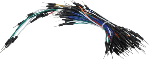 Multi-colour reusable leads for prototyping and working with development shields. Pin to pin (male to male) type. 65 pieces.