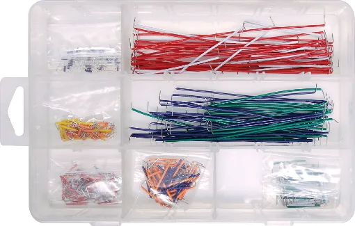 Multi-colour reusable leads for prototyping and working
with breadboards. Assorted lengths in a handy
plastic case with separate compartments. P 1014A is
the perfect size for students. Includes 350 piece
