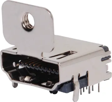 HDMI PCB Mount Socket With Mounting Tab 19 pin HDMI socket with mounting tab for securing to chassis or wallplate.