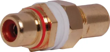 Red Double Sided Chassis Mount RCA Double sided chassis mount RCA. Designed for use with wall plates allowing standard RCA connection from both sides. This allows installers to use pre-made leads instead of having to solder cable.
Colour: Red
Panel thickness 1-2.5mm.
Rear depth from mounting surface: 20mm.