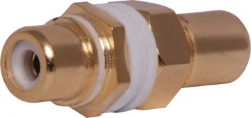White Double Sided Chassis Mount RCA Double sided chassis mount RCA. Designed for use with wall plates allowing standard RCA connection from both sides. This allows installers to use pre-made leads instead of having to solder cable.
Panel thickness 1-2.5mm.
Rear depth from mounting surface: 20mm.