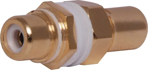 Double sided chassis mount RCA. Designed for use with wall plates allowing standard RCA connection from both sides. This allows installers to use pre-made leads instead of having to solder cable.
Panel thickness 1-2.5mm.
Rear depth from mounting surface: 20mm.