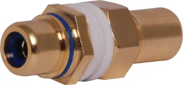Blue Double Sided Chassis Mount RCA Double sided chassis mount RCA. Designed for use with wall plates allowing standard RCA connection from both sides. This allows installers to use pre-made leads instead of having to solder cable.
Panel thickness 1-2.5mm.
Rear depth from mounting surface: 20mm.