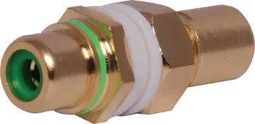 Green Double Sided Chassis Mount RCA Double sided chassis mount RCA. Designed for use with wall plates allowing standard RCA connection from both sides. This allows installers to use pre-made leads instead of having to solder cable.
Panel thickness 1-2.5mm.
Rear depth from mounting surface: 20mm.