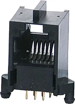 6P6C RJ12 Modular Socket PCB Mount Housing: PBT Mixed 15% Glass Fibre, 94V-O
Contact: Gold Plated Phosphor Bronze Alloy
Insulation Resistance: 10M Ohm Minimum
Contact Resistance: 20M Ohm Max. per contact
Dielectric Withstand Voltage: 1000V AC RMS 60Hz
Current Rating: 1.5 Amps
Mechanical Life: 500 cycles minimum
Retention Strength: 7.7kg between plug & socket