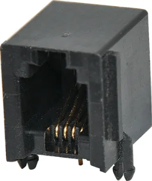4P4C RJ10 Modular Socket Low Profile PCB Mount Housing: PBT Mixed 15% Glass Fibre, 94V-O
Contact: Gold Plated Phosphor Bronze Alloy
Insulation Resistance: 10M Ohm Minimum
Contact Resistance: 20M Ohm Max. per contact
Dielectric Withstand Voltage: 1000V AC RMS 60Hz
Current Rating: 1.5 Amps
Mechanical Life: 500 cycles minimum
Retention Strength: 7.7kg between plug & socket