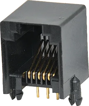 6P6C RJ12 Modular Socket Low Profile PCB Mount Housing: PBT Mixed 15% Glass Fibre, 94V-O
Contact: Gold Plated Phosphor Bronze Alloy
Insulation Resistance: 10M Ohm Minimum
Contact Resistance: 20M Ohm Max. per contact
Dielectric Withstand Voltage: 1000V AC RMS 60Hz
Current Rating: 1.5 Amps
Mechanical Life: 500 cycles minimum
Retention Strength: 7.7kg between plug & socket
