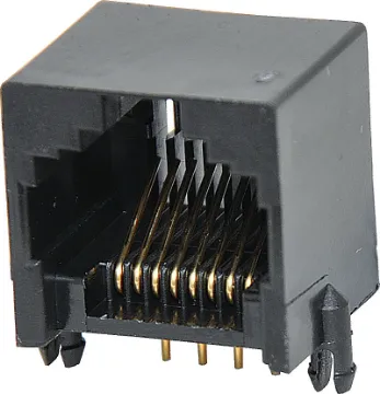 8P8C RJ45 Modular Socket Low Profile PCB Mount Housing: PBT Mixed 15% Glass Fibre, 94V-O
Contact: Gold Plated Phosphor Bronze Alloy
Insulation Resistance: 10M Ohm Minimum
Contact Resistance: 20M Ohm Max. per contact
Dielectric Withstand Voltage: 1000V AC RMS 60Hz
Current Rating: 1.5 Amps
Mechanical Life: 500 cycles minimum
Retention Strength: 7.7kg between plug & socket