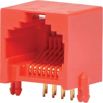 8P8C RJ45 Modular Socket Low Profile PCB Mount Red Housing: PBT Mixed 15% Glass Fibre, 94V-O
Contact: Gold Plated Phosphor Bronze Alloy
Insulation Resistance: 10M Ohm Minimum
Contact Resistance: 20M Ohm Max. per contact
Dielectric Withstand Voltage: 1000V AC RMS 60Hz
Current Rating: 1.5 Amps
Mechanical Life: 500 cycles minimum
Retention Strength: 7.7kg between plug & socket