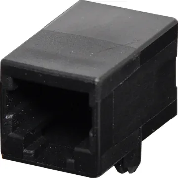 6P6C RJ12 Modular Socket Low Profile Enclosed PCB Mount Housing: PBT Mixed 15% Glass Fibre, 94V-O
Contact: Gold Plated Phosphor Bronze Alloy
Insulation Resistance: 10M Ohm Minimum
Contact Resistance: 20M Ohm Max. per contact
Dielectric Withstand Voltage: 1000V AC RMS 60Hz
Current Rating: 1.5 Amps
Mechanical Life: 500 cycles minimum
Retention Strength: 7.7kg between plug & socket