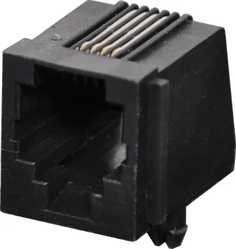 6P4C RJ14 Modular Socket Low Profile PCB Mount Housing: PBT Mixed 15% Glass Fibre, 94V-O
Contact: Gold Plated Phosphor Bronze Alloy
Insulation Resistance: 10M Ohm Minimum
Contact Resistance: 20M Ohm Max. per contact
Dielectric Withstand Voltage: 1000V AC RMS 60Hz
Current Rating: 1.5 Amps
Mechanical Life: 500 cycles minimum
Retention Strength: 7.7kg between plug & socket