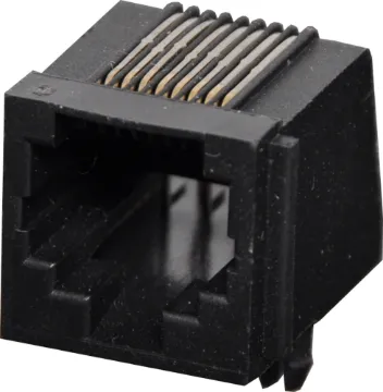 8P8C RJ45 Modular Socket Low Profile PCB Mount Housing: PBT Mixed 15% Glass Fibre, 94V-O
Contact: Gold Plated Phosphor Bronze Alloy
Insulation Resistance: 10M Ohm Minimum
Contact Resistance: 20M Ohm Max. per contact
Dielectric Withstand Voltage: 1000V AC RMS 60Hz
Current Rating: 1.5 Amps
Mechanical Life: 500 cycles minimum
Retention Strength: 7.7kg between plug & socket