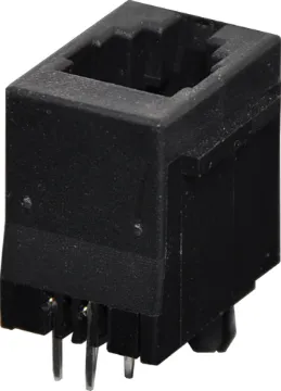 4P4C RJ10 Modular Socket Top Entry PCB Mount Housing: PBT Mixed 15% Glass Fibre, 94V-O
Contact: Gold Plated Phosphor Bronze Alloy
Insulation Resistance: 10M Ohm Minimum
Contact Resistance: 20M Ohm Max. per contact
Dielectric Withstand Voltage: 1000V AC RMS 60Hz
Current Rating: 1.5 Amps
Mechanical Life: 500 cycles minimum
Retention Strength: 7.7kg between plug & socket