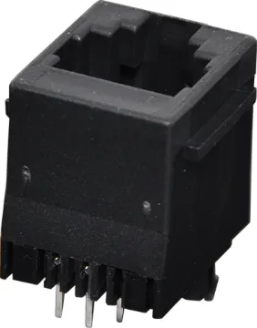 6P4C RJ14 Modular Socket Top Entry PCB Mount Housing: PBT Mixed 15% Glass Fibre, 94V-O
Contact: Gold Plated Phosphor Bronze Alloy
Insulation Resistance: 10M Ohm Minimum
Contact Resistance: 20M Ohm Max. per contact
Dielectric Withstand Voltage: 1000V AC RMS 60Hz
Current Rating: 1.5 Amps
Mechanical Life: 500 cycles minimum
Retention Strength: 7.7kg between plug & socket