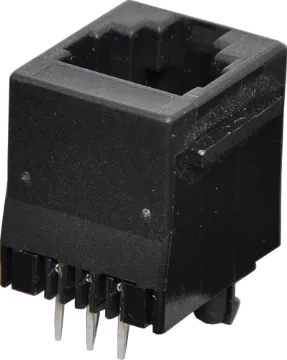 6P6C RJ12 Modular Socket Top Entry PCB Mount Housing: PBT Mixed 15% Glass Fibre, 94V-O
Contact: Gold Plated Phosphor Bronze Alloy
Insulation Resistance: 10M Ohm Minimum
Contact Resistance: 20M Ohm Max. per contact
Dielectric Withstand Voltage: 1000V AC RMS 60Hz
Current Rating: 1.5 Amps
Mechanical Life: 500 cycles minimum
Retention Strength: 7.7kg between plug & socket