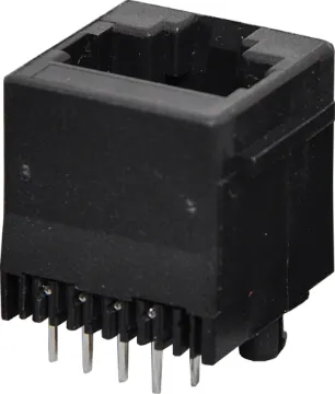 8P8C RJ45 Modular Socket Top Entry PCB Mount Housing: PBT Mixed 15% Glass Fibre, 94V-O
Contact: Gold Plated Phosphor Bronze Alloy
Insulation Resistance: 10M Ohm Minimum
Contact Resistance: 20M Ohm Max. per contact
Dielectric Withstand Voltage: 1000V AC RMS 60Hz
Current Rating: 1.5 Amps
Mechanical Life: 500 cycles minimum
Retention Strength: 7.7kg between plug & socket