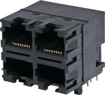 8P8C RJ45 PCB Mount Modular Socket 4-Way Housing: Thermoplastic Polyester Glass Filled UL94V-0 
Contact: Copper Alloy
Insulation Resistance: 1000MΩ Minimum
Contact Resistance: 30MΩ Max. per contact
Current Rating: 1.5 Amps
