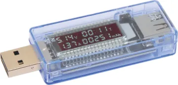 USB Voltage and Current Meter This USB Voltage and Current Meter is a handy little gadget that allows you to keep an eye on the output voltage and current leaving your USB port when charging devices such as phones, cameras and tablets. 
Easy to read display gives simultaneous voltage, power consumption over time (resettable)  and current measurements. Max voltage reading 24V