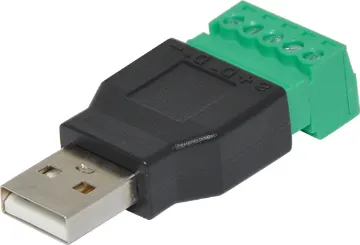 USB-A Male Plug to 5-Pin Terminal Block This is the USB-A Male Plug to 5-pin Terminal Block. If you need to connect to a device with a USB Jack, maybe make your own USB stick or custom cable of sorts - this adapter will come in very handy! No soldering required. Just use a small screwdriver to open up the terminal blocks, slide in your stranded or solid-core wire, and re-tighten.