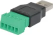 This is the USB-A Male Plug to 5-pin Terminal Block. If you need to connect to a device with a USB Jack, maybe make your own USB stick or custom cable of sorts - this adapter will come in very handy! No soldering required. Just use a small screwdriver to open up the terminal blocks, slide in your stranded or solid-core wire, and re-tighten.