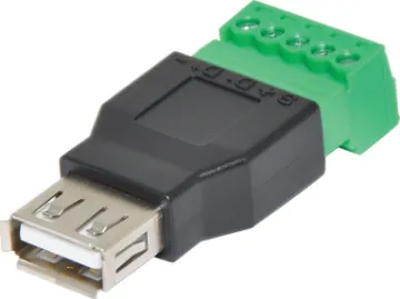 USB-A Female Socket to 5-Pin Terminal Block This is the USB-A Female Socket to 5-pin Terminal Block. If you need to connect to a device with a USB Jack, maybe make your own USB host connector, extension cable, or custom cable of sorts - this adapter will come in very handy! No soldering required. Just use a small screwdriver to open up the terminal blocks, slide in your stranded or solid-cor