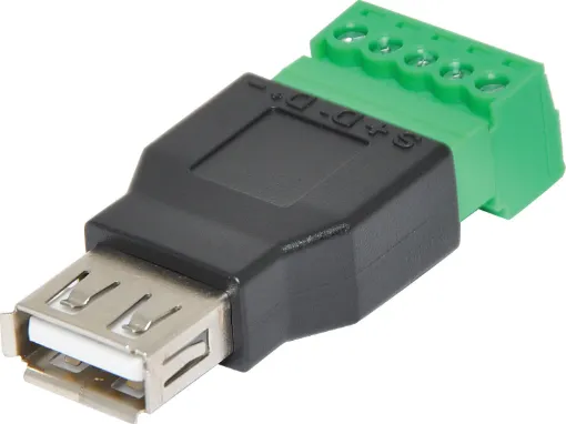 This is the USB-A Female Socket to 5-pin Terminal Block. If you need to connect to a device with a USB Jack, maybe make your own USB host connector, extension cable, or custom cable of sorts - this adapter will come in very handy! No soldering required. Just use a small screwdriver to open up the terminal blocks, slide in your stranded or solid-cor