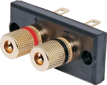 2 Way Speaker Terminal Binding Post Gold Panel mount. Gold plated screw cap posts will accept banana plugs or stripped wire. Fitted with foam sealing tape.